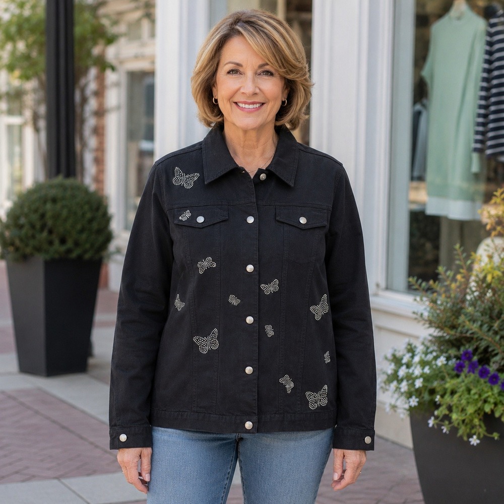 Quacker Factory Black Rhinestone Butterfly Denim Jacket Womens M NWT